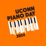 Orange box with text, "UConn Piano Day," and black and white piano keys